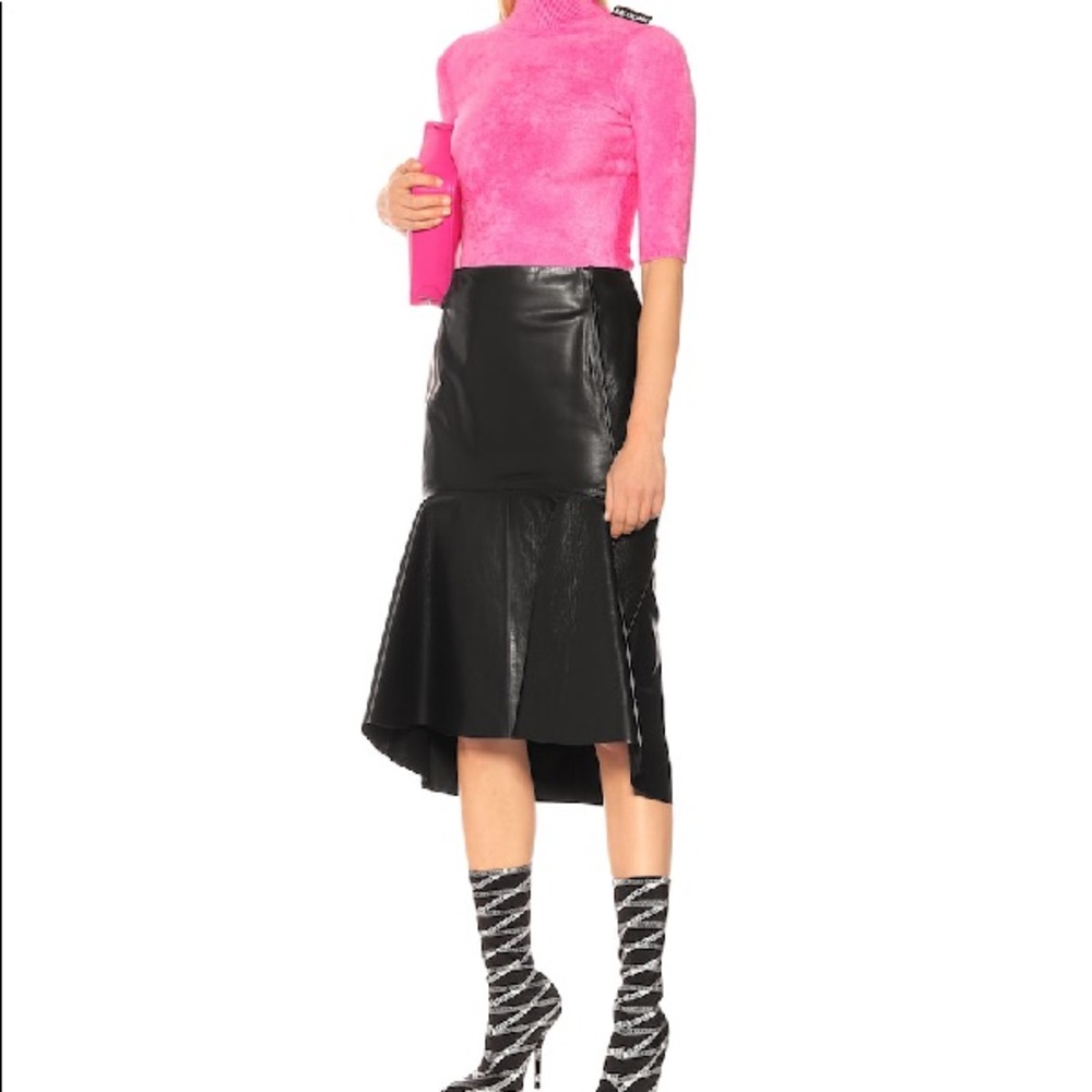 BALENCIAGA Flounce-hem Leather Midi Skirt In Black